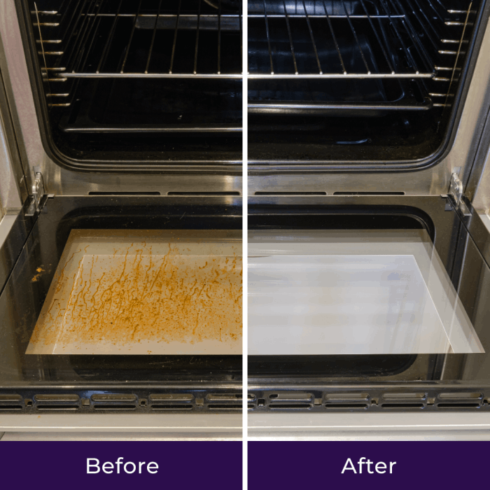 Oven-door glass before and after a wipe-down