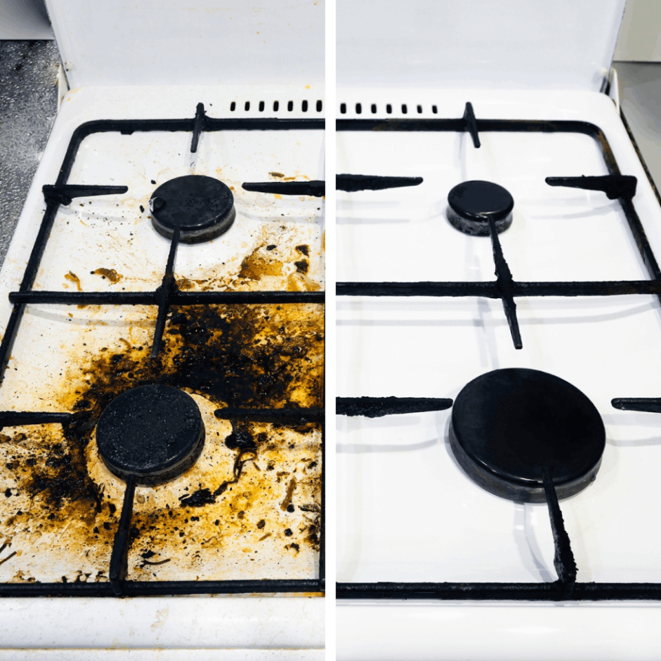 Gas stovetop comparison, soiled on the left and wiped on the right