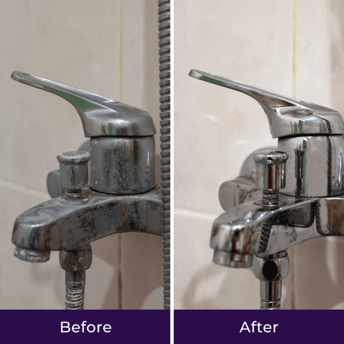 Bath faucet before and after cleaning