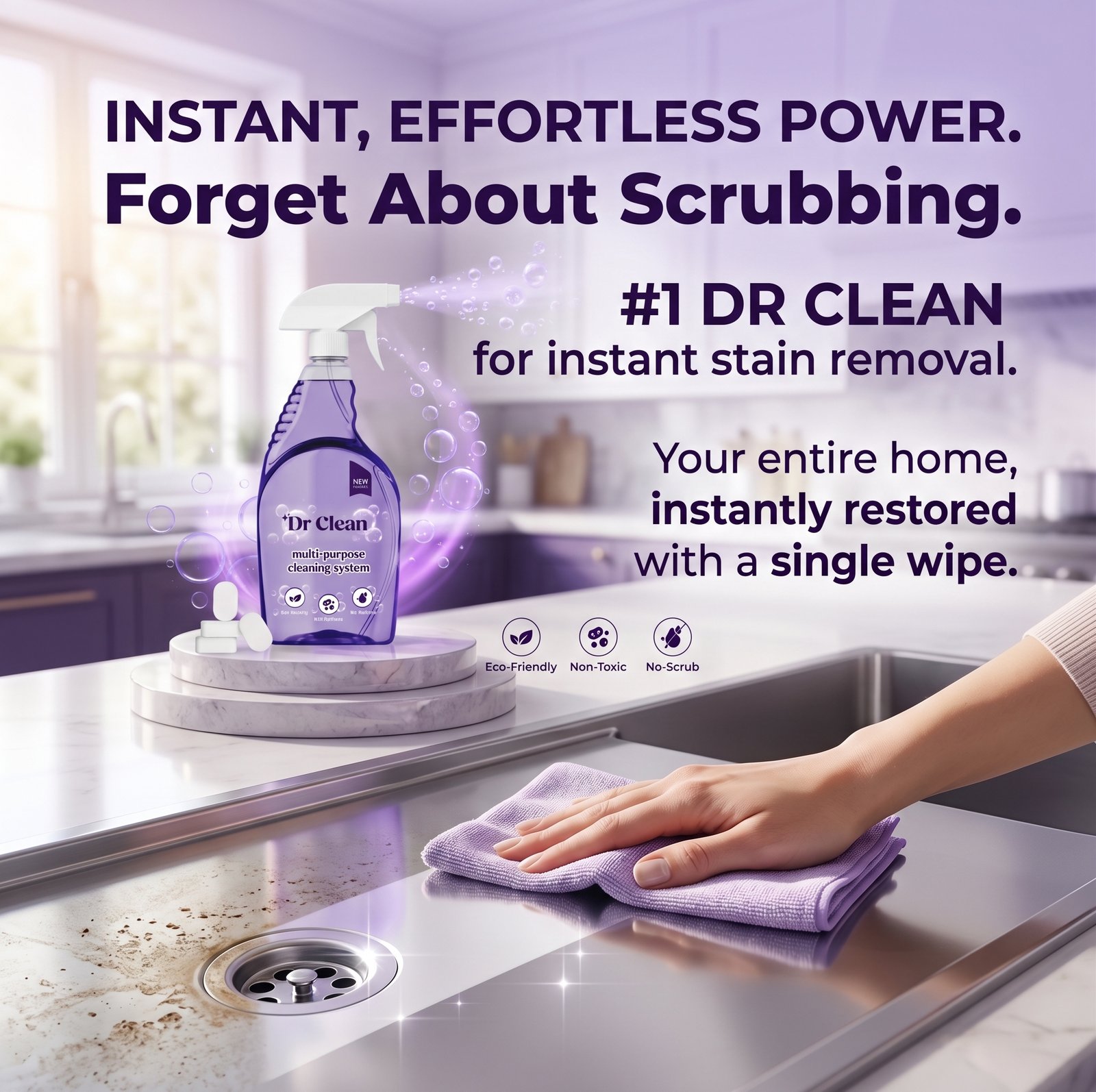 Dr Clean bottle on a kitchen counter with a wipe across a stainless sink