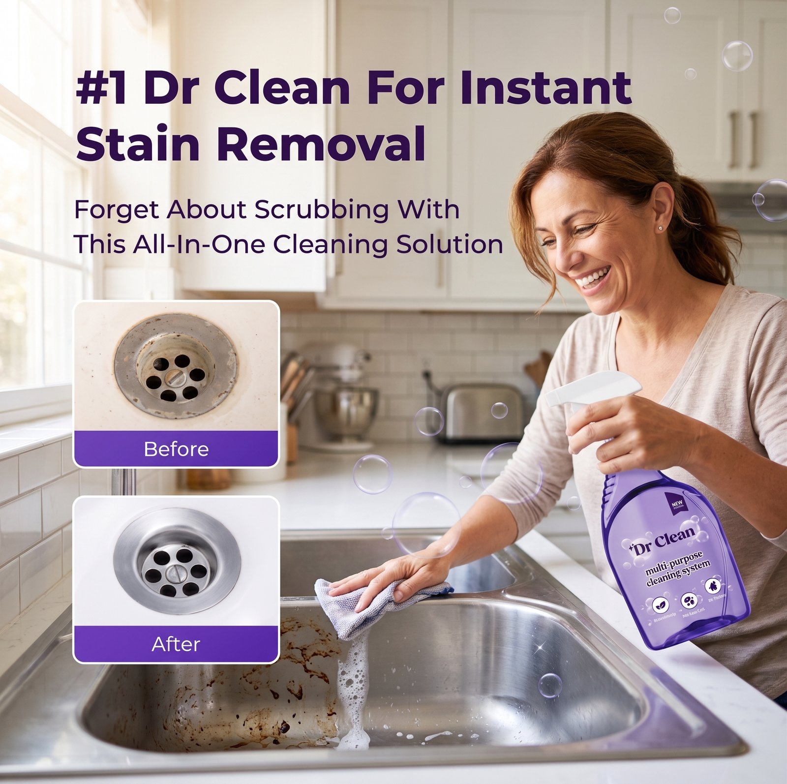 Kitchen scene with drain before-and-after insets and the Dr Clean bottle
